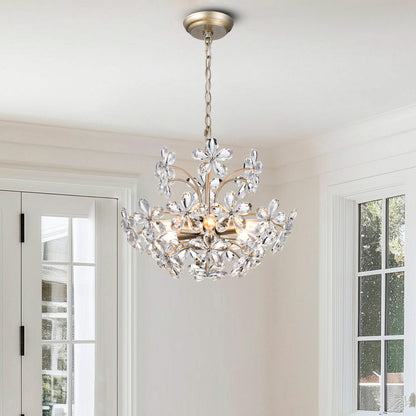 Luminaire Rosa à 6 lumières, en cristal de champagne argenté brossé, en forme de fleur.