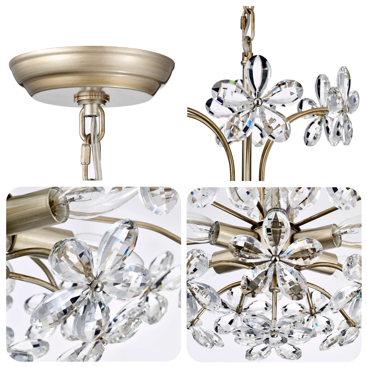 Luminaire Rosa à 6 lumières, en cristal de champagne argenté brossé, en forme de fleur.
