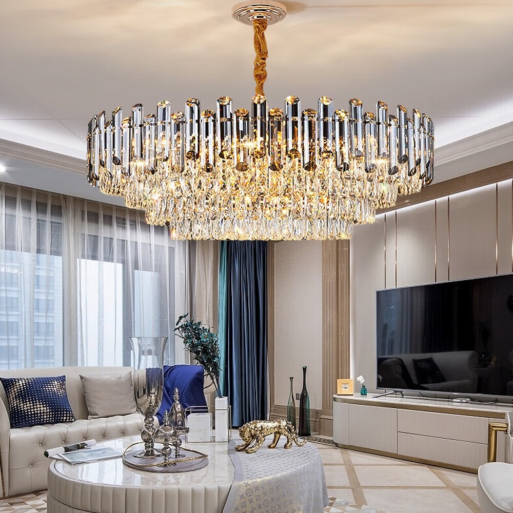 Suspension lumineuse à plusieurs couches de cristal rond avec éclairage à 3 couleurs.