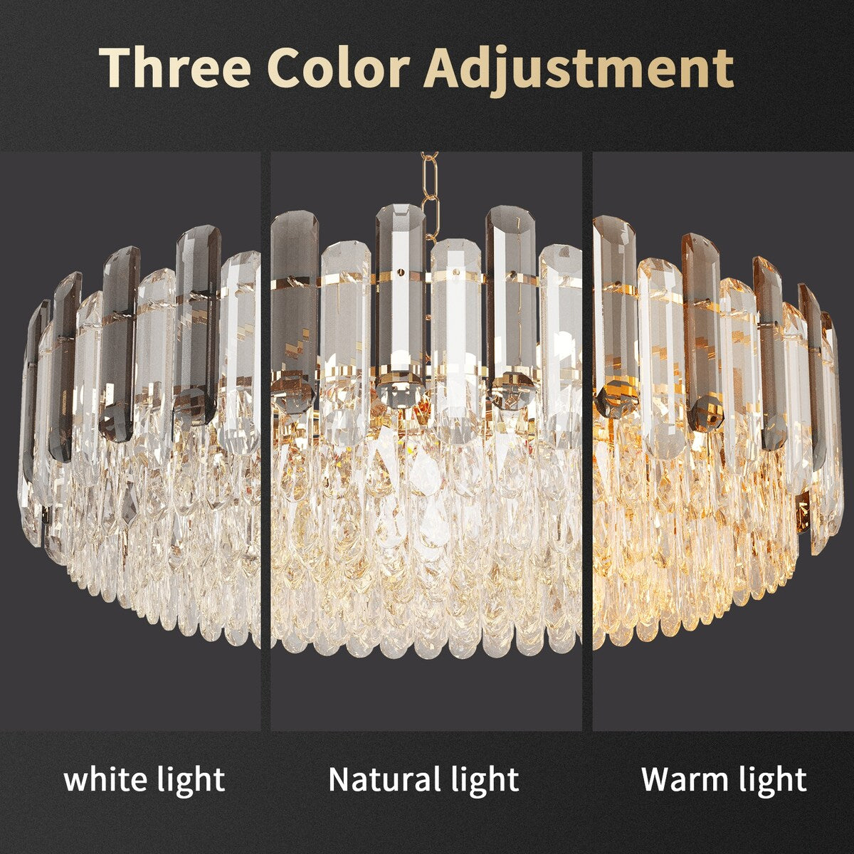 Suspension lumineuse à plusieurs couches de cristal rond avec éclairage à 3 couleurs.