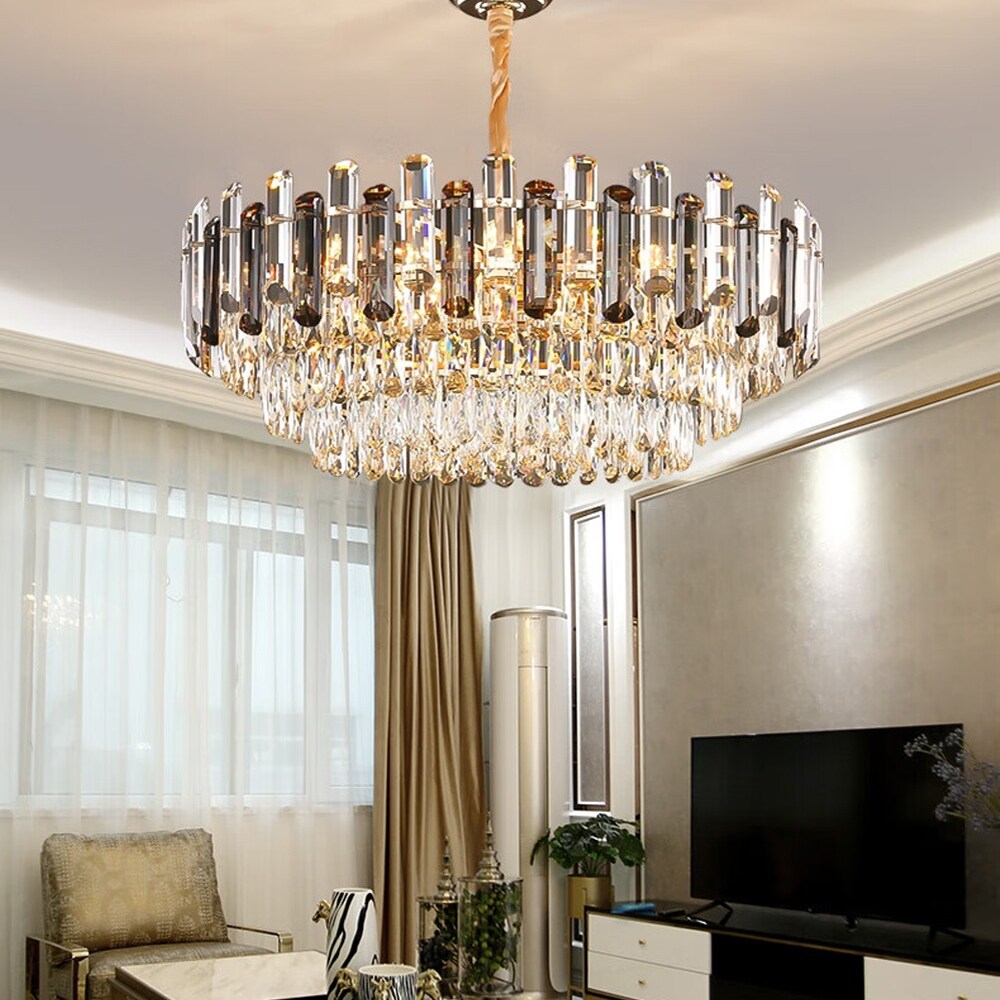 Suspension lumineuse à plusieurs couches de cristal rond avec éclairage à 3 couleurs.
