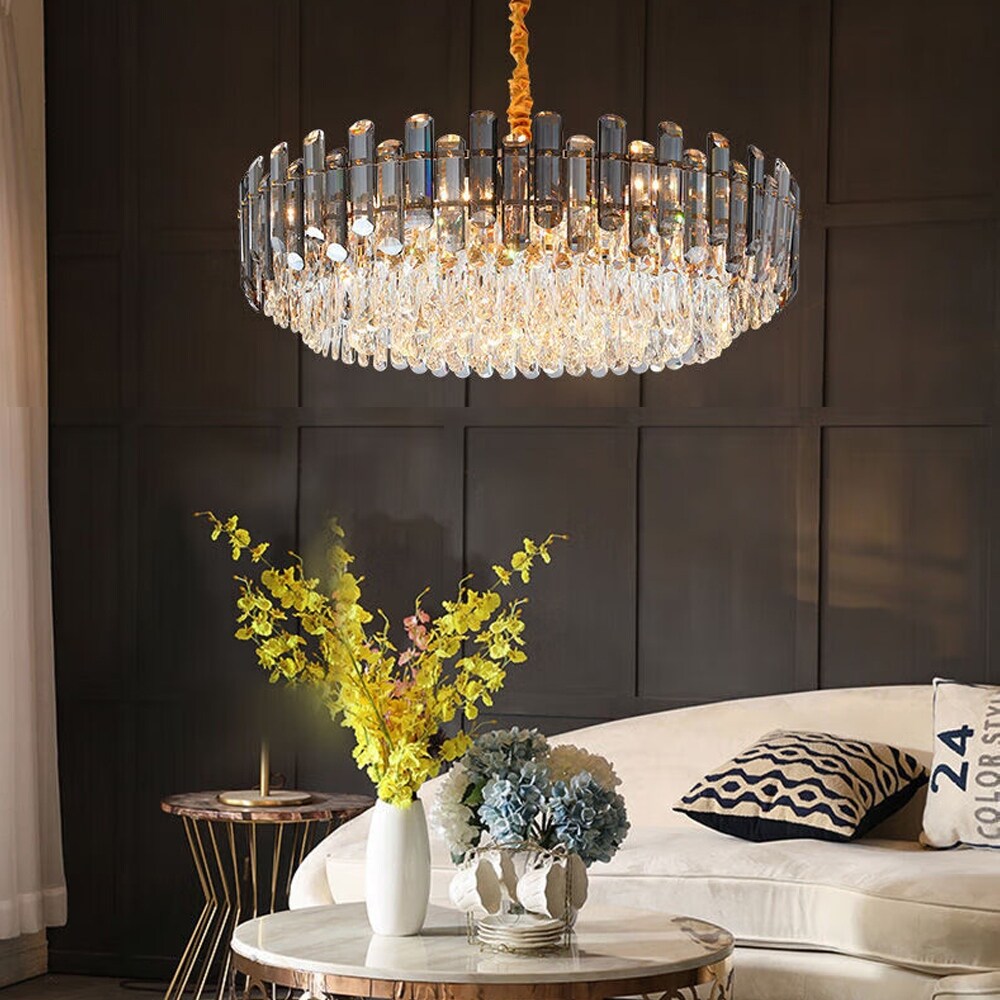 Suspension lumineuse à plusieurs couches de cristal rond avec éclairage à 3 couleurs.