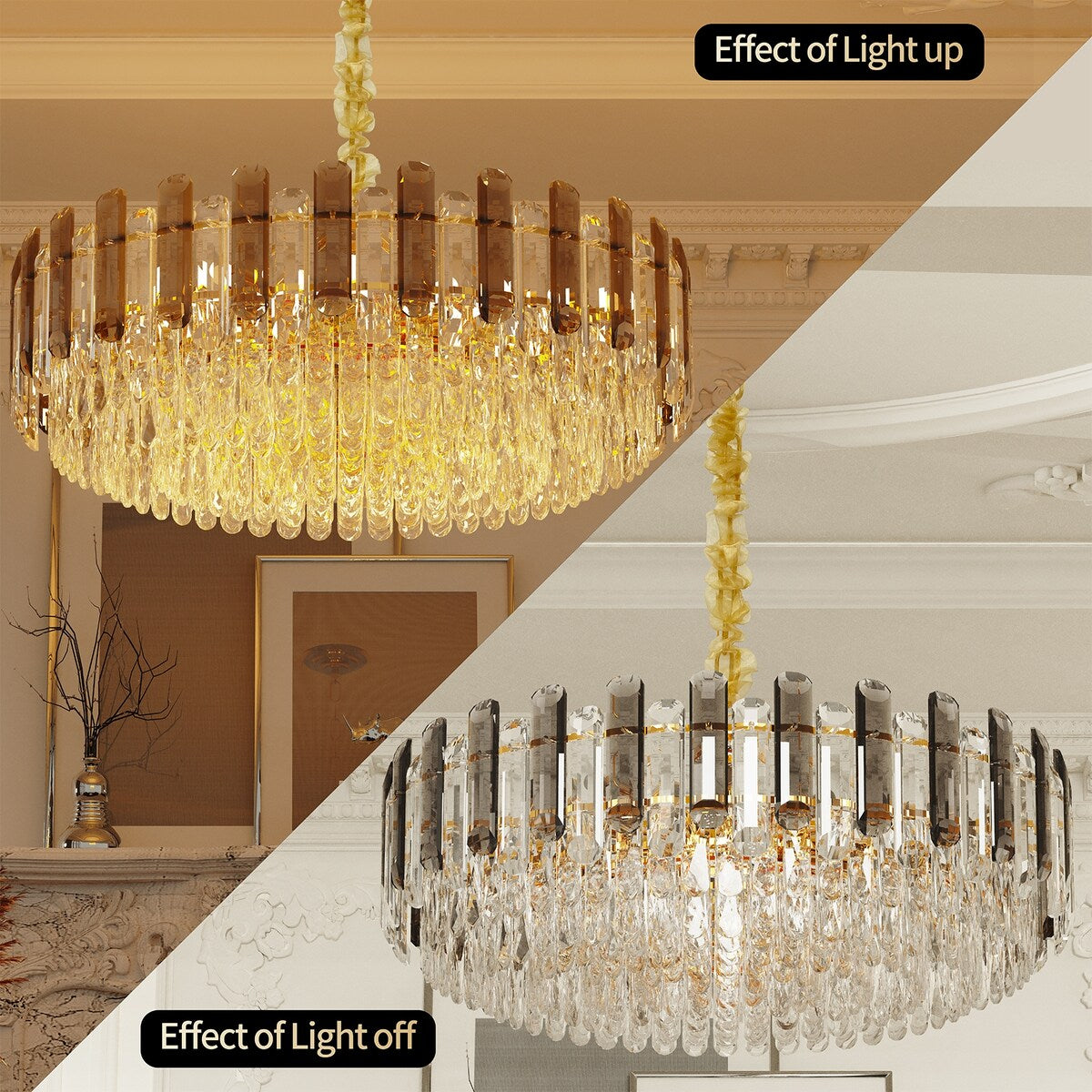 Suspension lumineuse à plusieurs couches de cristal rond avec éclairage à 3 couleurs.
