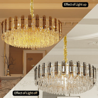 Suspension lumineuse à plusieurs couches de cristal rond avec éclairage à 3 couleurs.