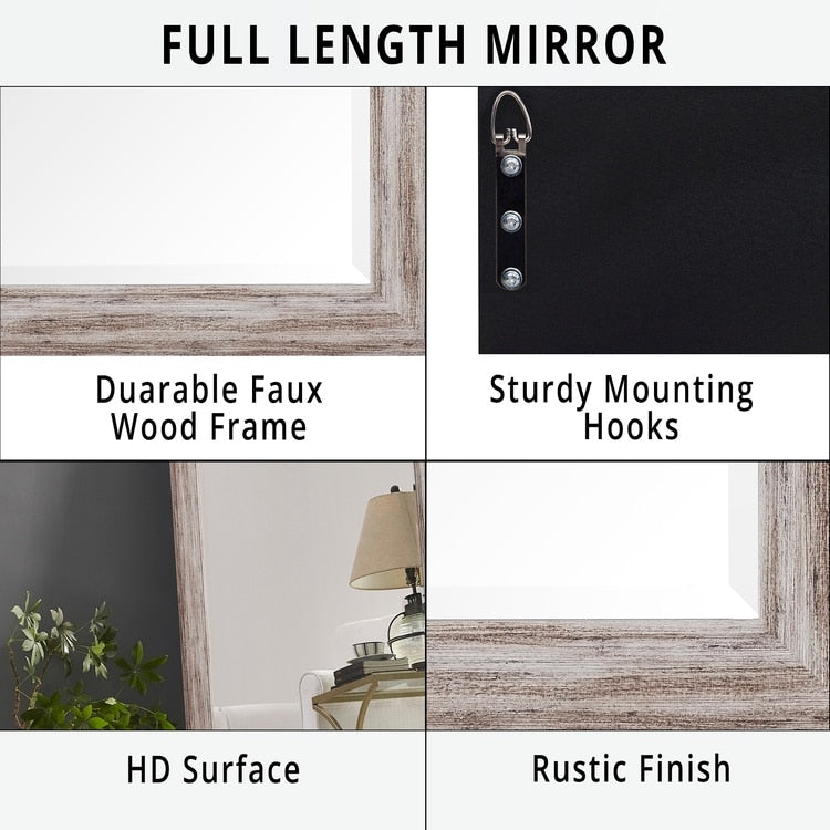 Grand miroir mural rustique - Miroir pleine longueur rectangulaire avec cadre en bois 66 x 32 pouces pour salon, chambre à coucher