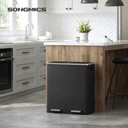 SONGMICS Poubelle à double compartiment, bac à ordures en acier inoxydable de 16 gallons, noir