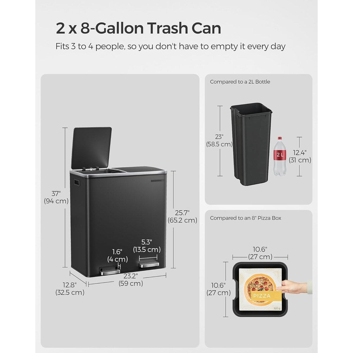 SONGMICS Poubelle à double compartiment, bac à ordures en acier inoxydable de 16 gallons, noir