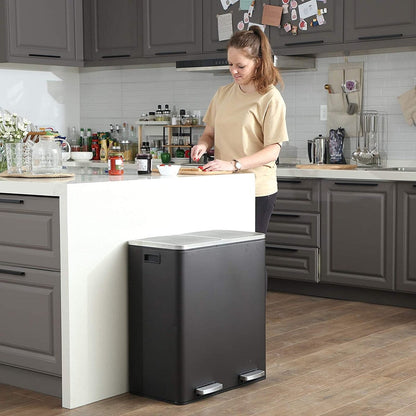 SONGMICS Poubelle à double compartiment, bac à ordures en acier inoxydable de 16 gallons, noir