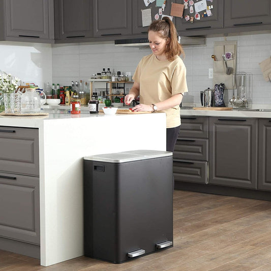 SONGMICS Poubelle à double compartiment, bac à ordures en acier inoxydable de 16 gallons, noir
