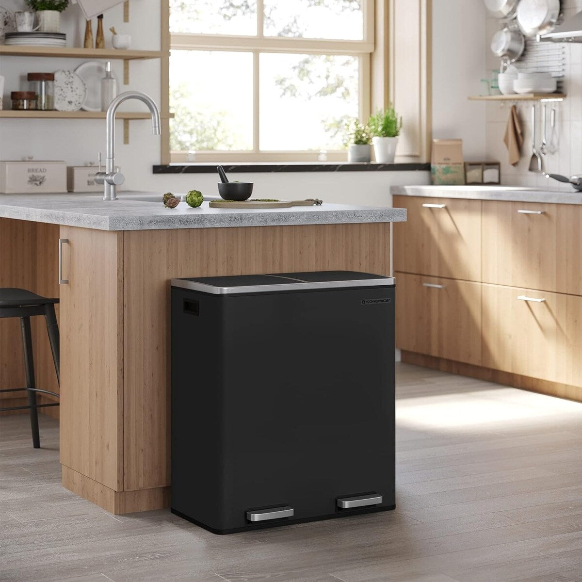 SONGMICS Poubelle à double compartiment, bac à ordures en acier inoxydable de 16 gallons, noir