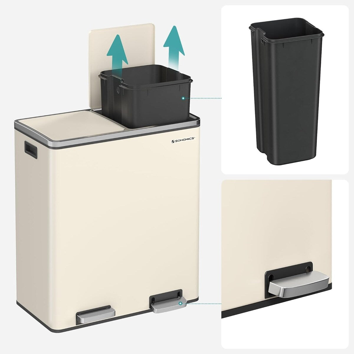 Poubelle double SONGMICS, poubelle à ordures en acier inoxydable de 16 gallons, couleur amande