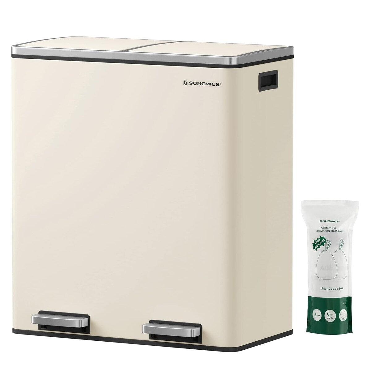 Poubelle double SONGMICS, poubelle à ordures en acier inoxydable de 16 gallons, couleur amande