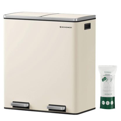 Poubelle double SONGMICS, poubelle à ordures en acier inoxydable de 16 gallons, couleur amande