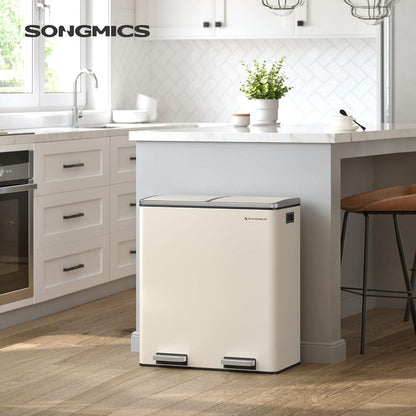 Poubelle double SONGMICS, poubelle à ordures en acier inoxydable de 16 gallons, couleur amande
