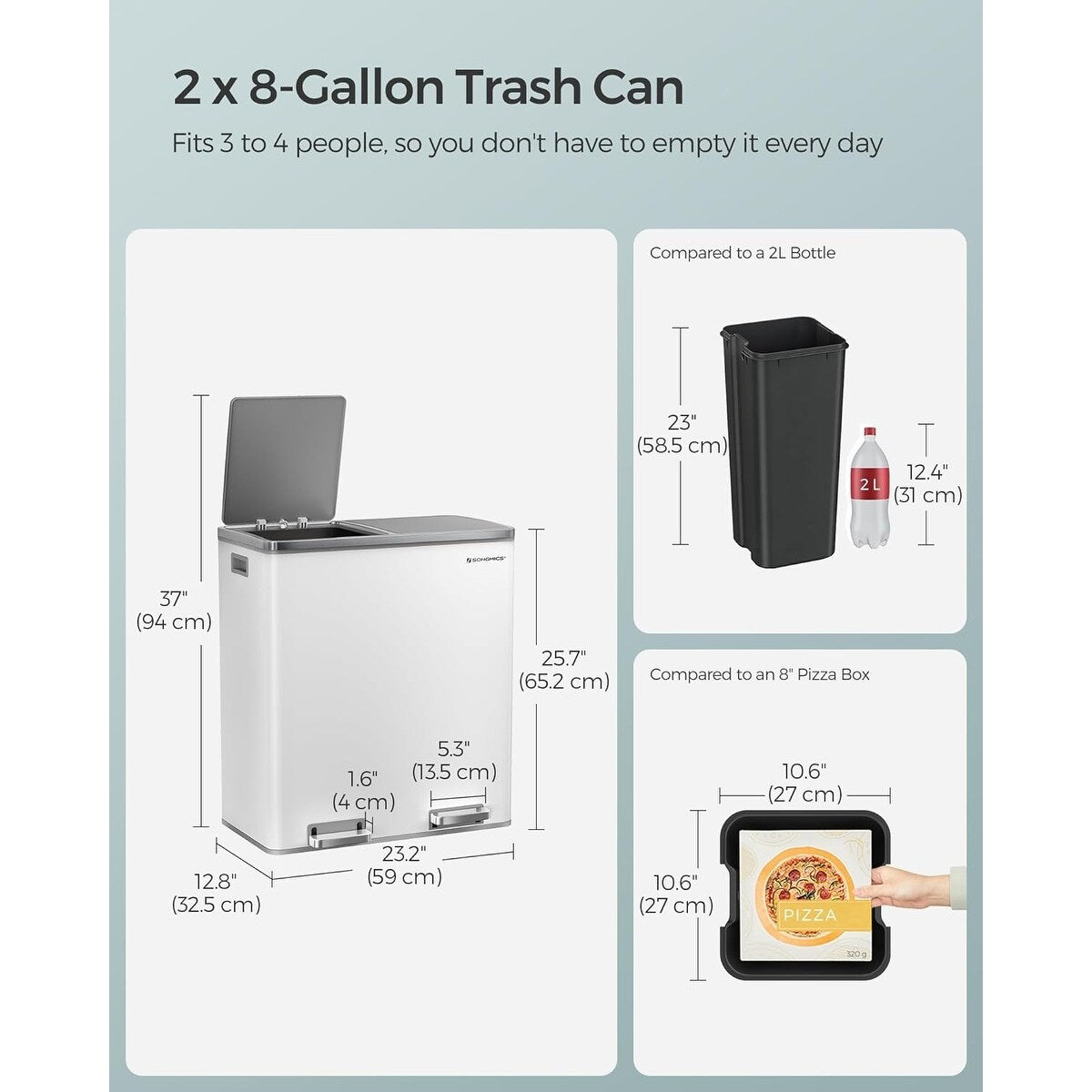 SONGMICS Poubelle à double compartiment, 2 x 8 gallons, acier inoxydable