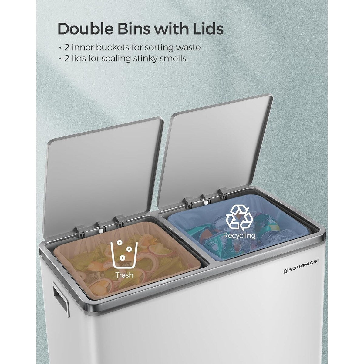 SONGMICS Poubelle à double compartiment, 2 x 8 gallons, acier inoxydable