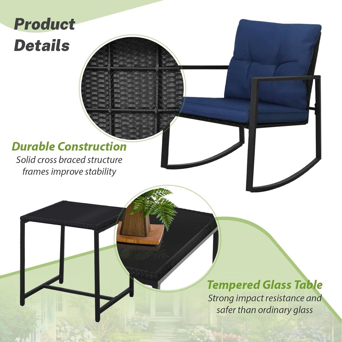 Ensemble de bistro à balançoire de patio extérieur SUNCROWN en métal noir, 3 pièces