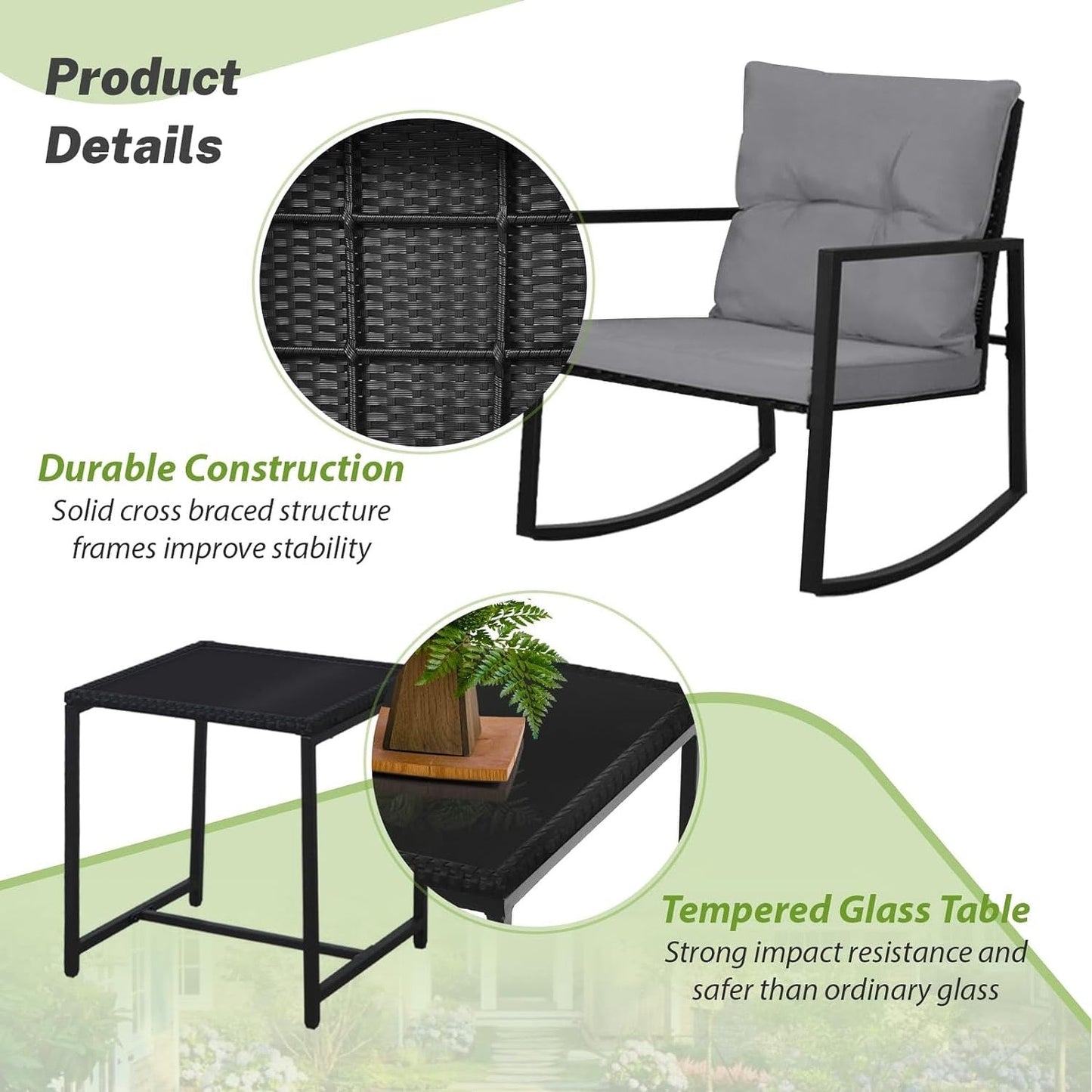 Ensemble de bistro à balançoire de patio extérieur SUNCROWN en métal noir, 3 pièces