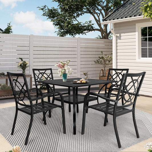 SUNCROWN Ensemble de repas d'extérieur pour patio, 5/7 pièces, en acier, avec table à lattes métalliques et chaises empilables, cadre à revêtement en poudre.
