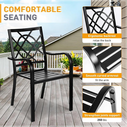 SUNCROWN Ensemble de repas d'extérieur pour patio, 5/7 pièces, en acier, avec table à lattes métalliques et chaises empilables, cadre à revêtement en poudre.