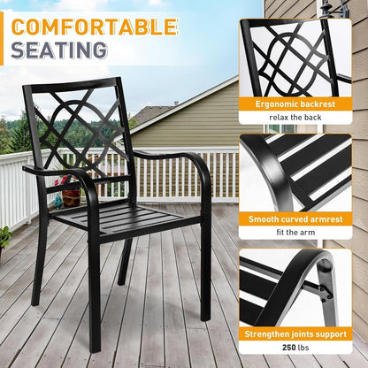 SUNCROWN Ensemble de repas d'extérieur pour patio, 5/7 pièces, en acier, avec table à lattes métalliques et chaises empilables, cadre à revêtement en poudre.