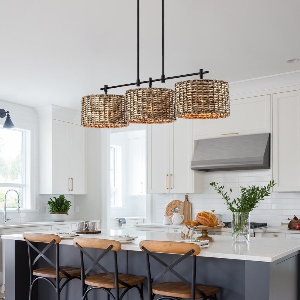 Suspension linéaire à 3 lumières pour îlot de cuisine, style ferme, noir - 41W