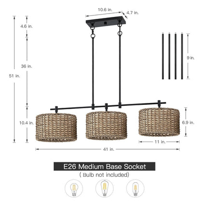 Suspension linéaire à 3 lumières pour îlot de cuisine, style ferme, noir - 41W