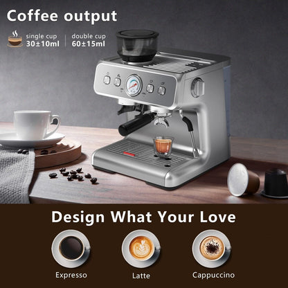 Machine à café semi-automatique avec contrôle intelligent de la température et fonction eau chaude, 30 réglages de mouture.