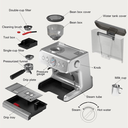 Machine à café semi-automatique avec contrôle intelligent de la température et fonction eau chaude, 30 réglages de mouture.