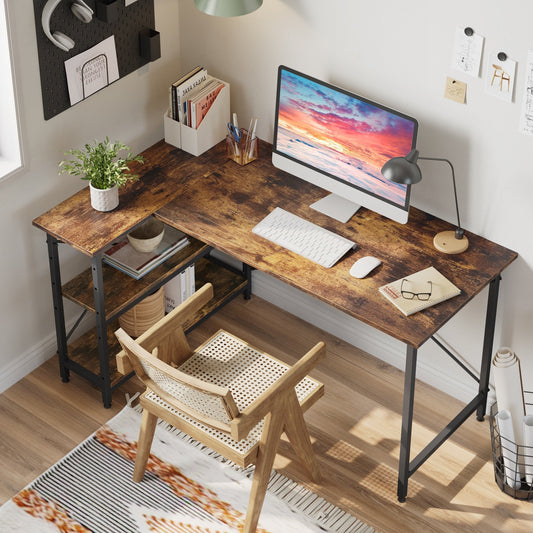 Bureau en forme de L avec étagères de rangement, bureau d'ordinateur d'angle.