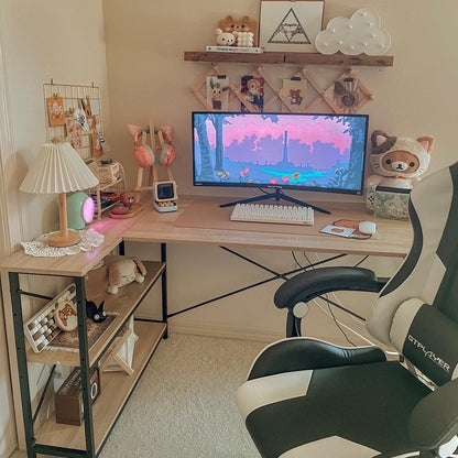 Bureau en forme de L avec étagères de rangement, bureau d'ordinateur d'angle.