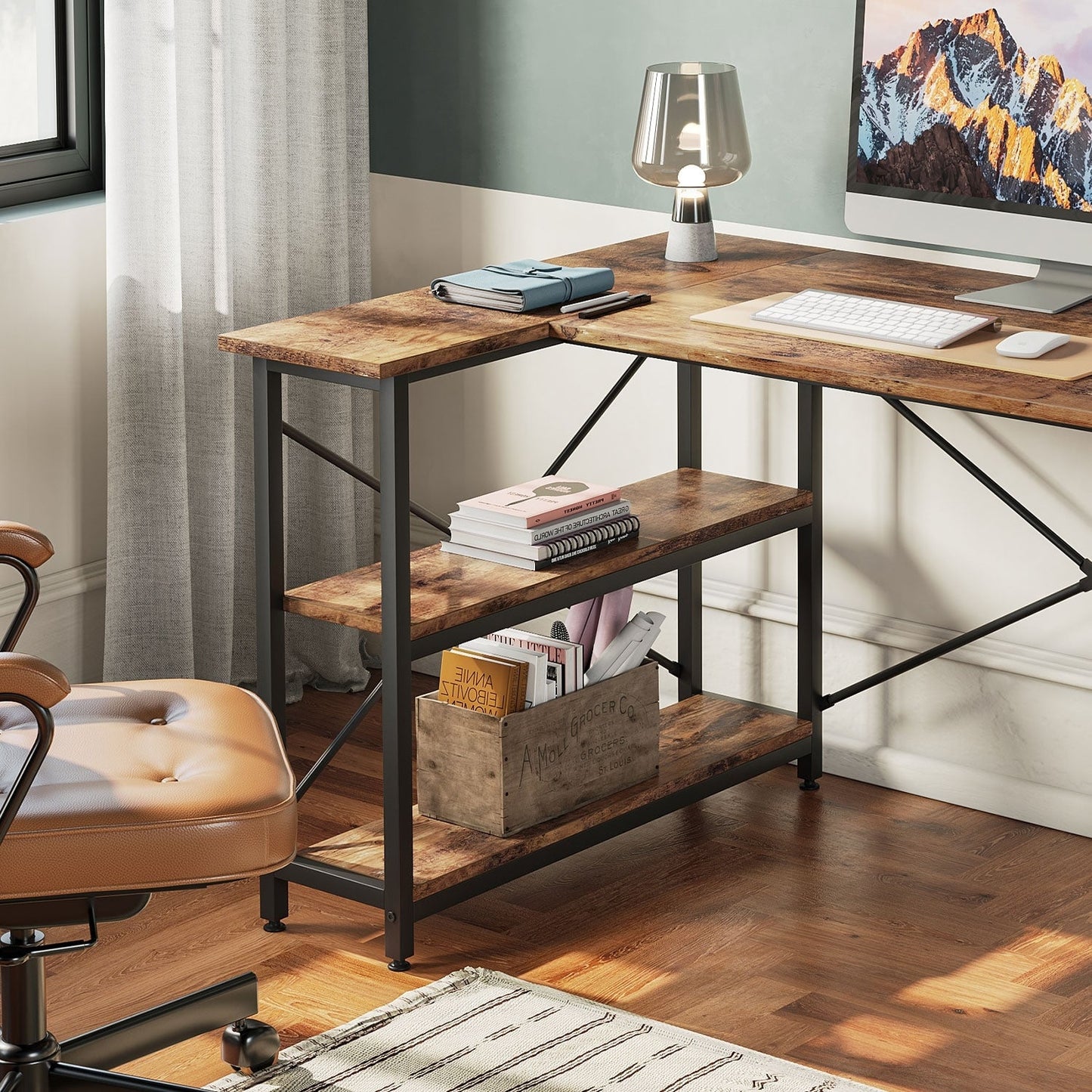 Bureau en forme de L avec étagères de rangement, bureau d'ordinateur d'angle.