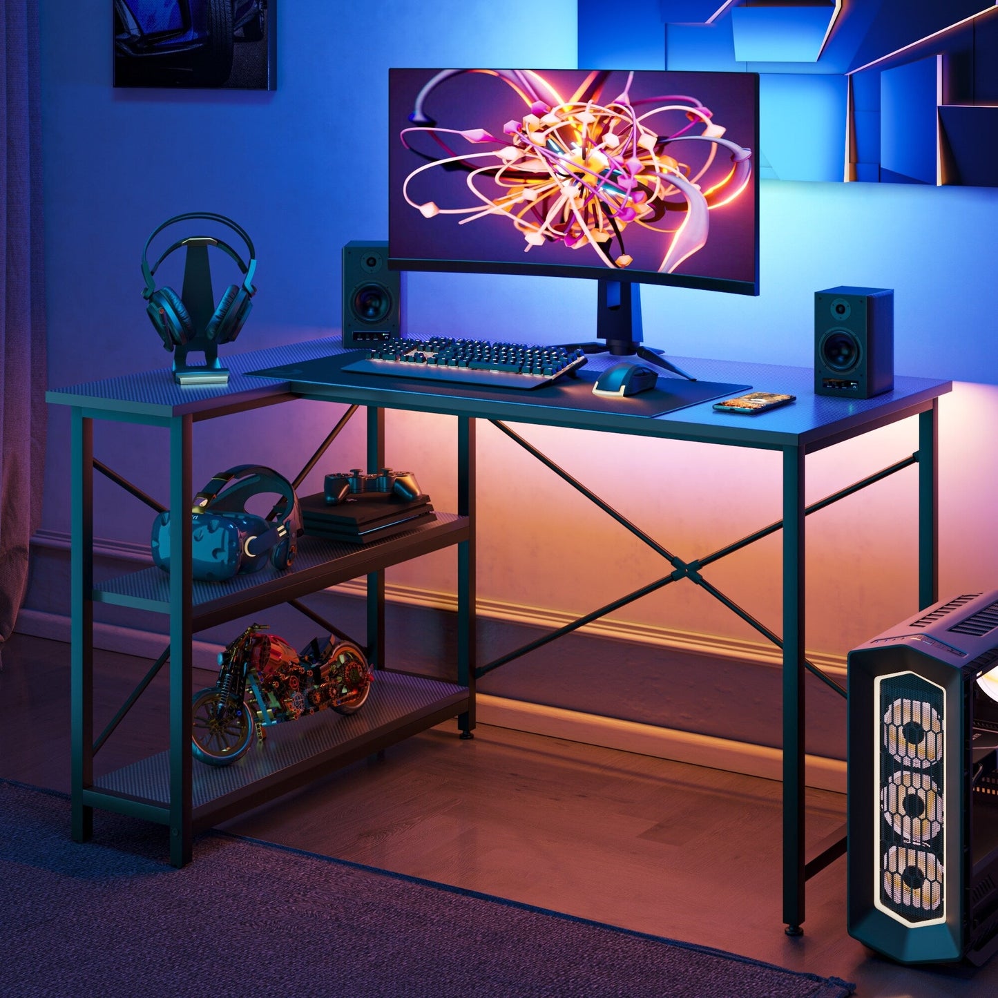 Bureau en forme de L avec étagères de rangement, bureau d'ordinateur d'angle.