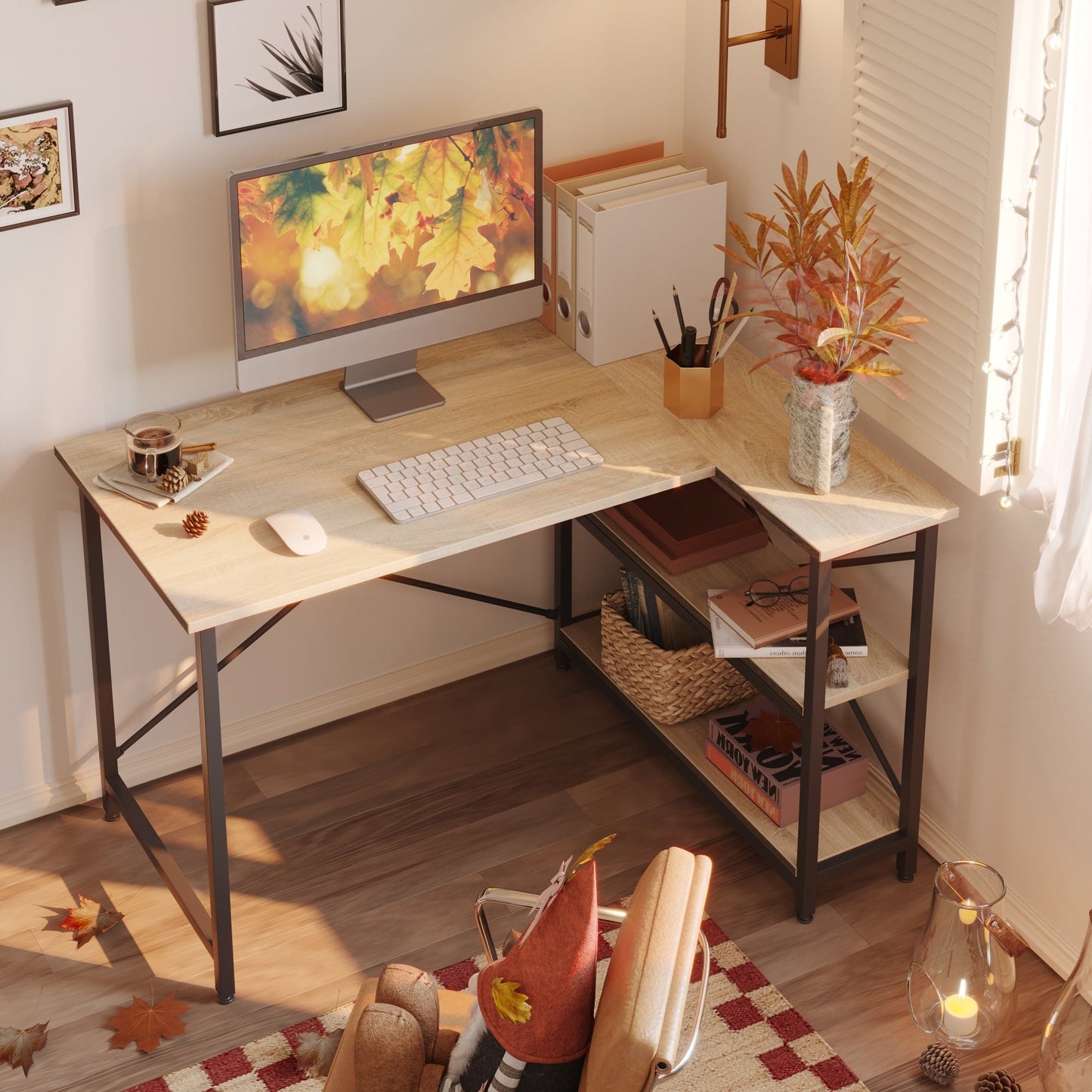 Bureau en forme de L avec étagères de rangement, bureau d'ordinateur d'angle.