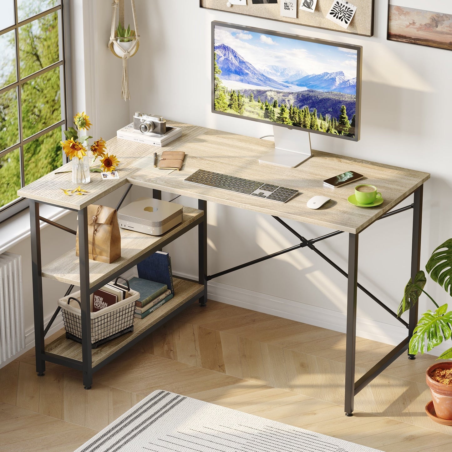 Bureau en forme de L avec étagères de rangement, bureau d'ordinateur d'angle.