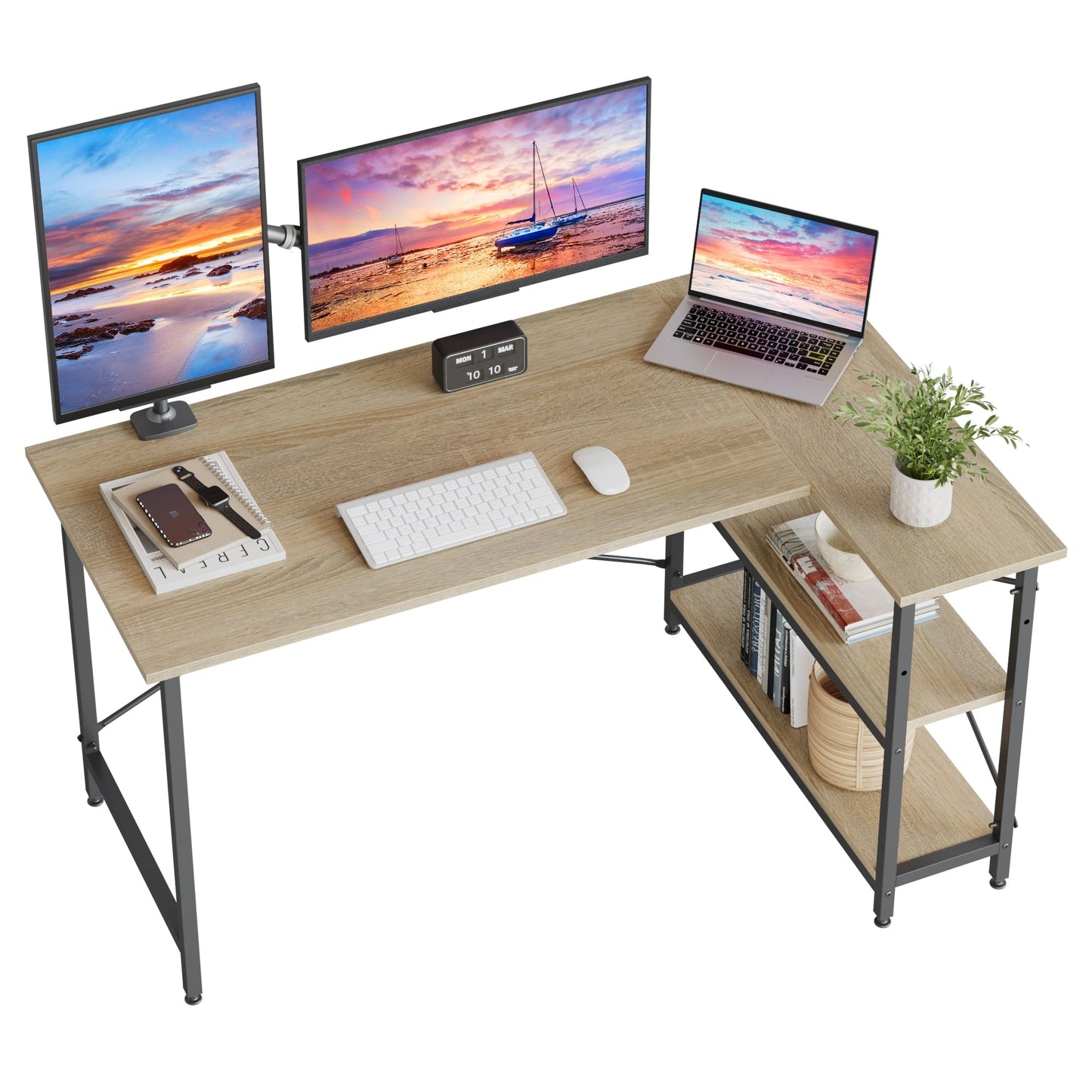 Bureau en forme de L avec étagères de rangement, bureau d'ordinateur d'angle.