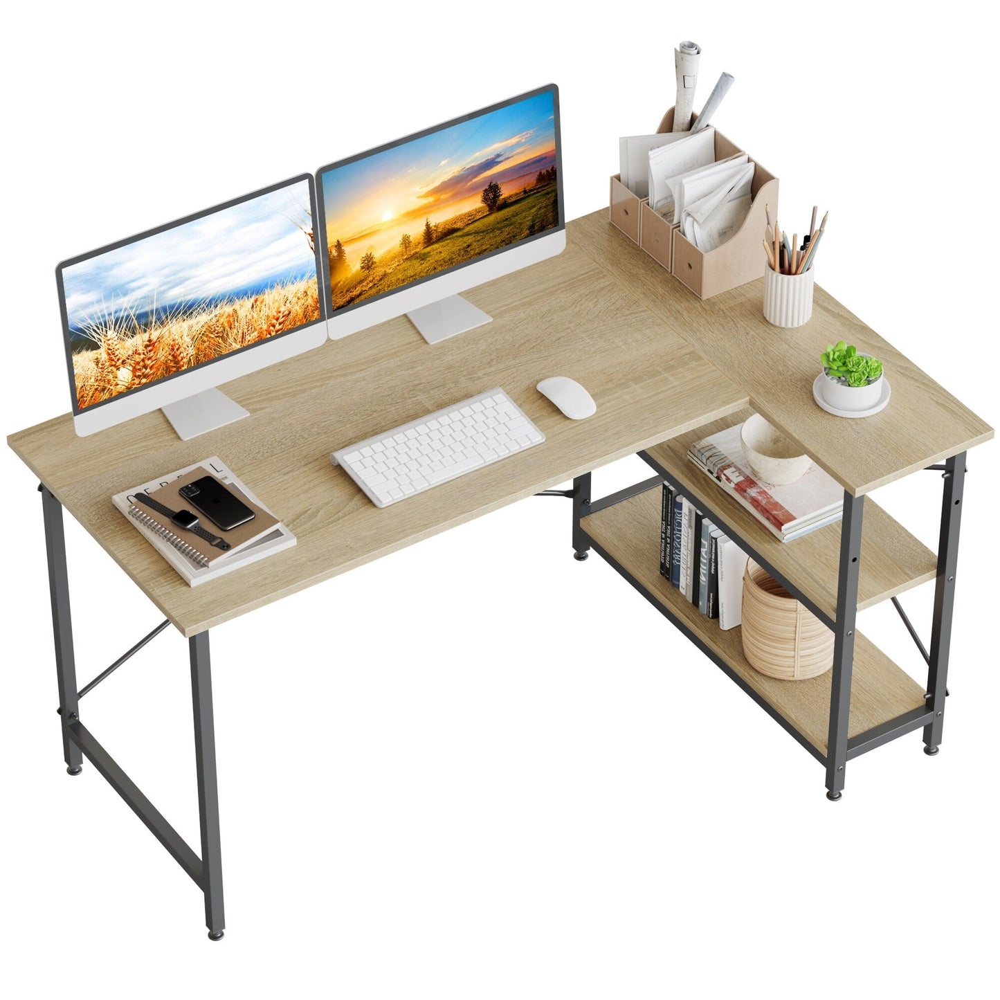 Bureau en forme de L avec étagères de rangement, bureau d'ordinateur d'angle.