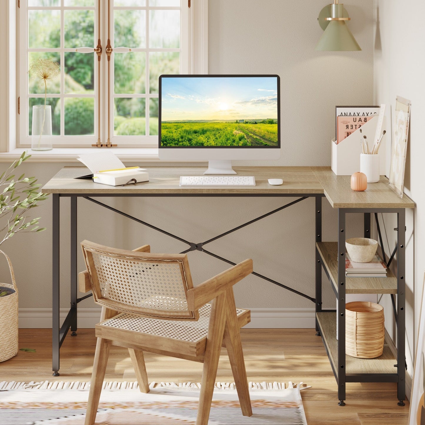 Bureau en forme de L avec étagères de rangement, bureau d'ordinateur d'angle.