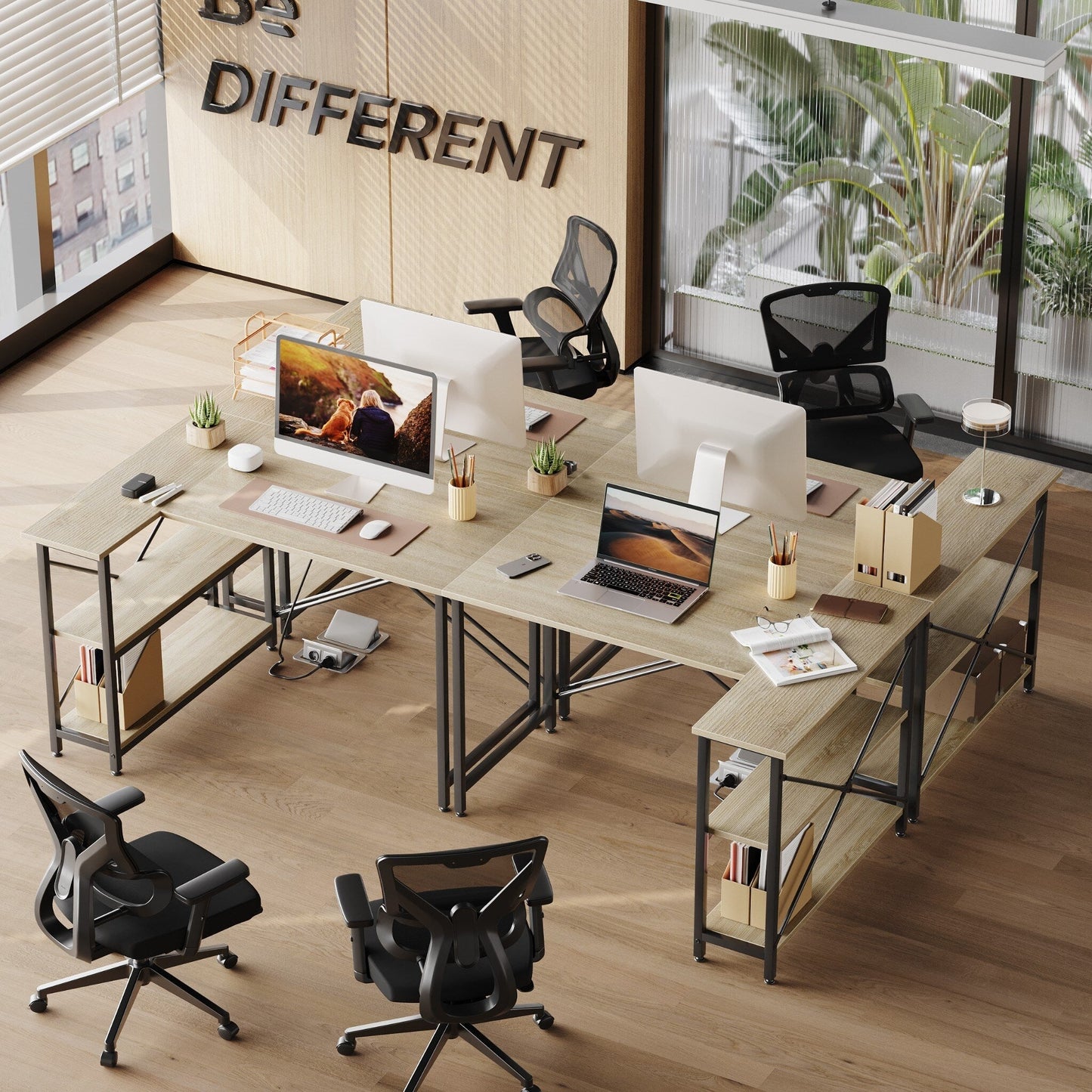 Bureau en forme de L avec étagères de rangement, bureau d'ordinateur d'angle.