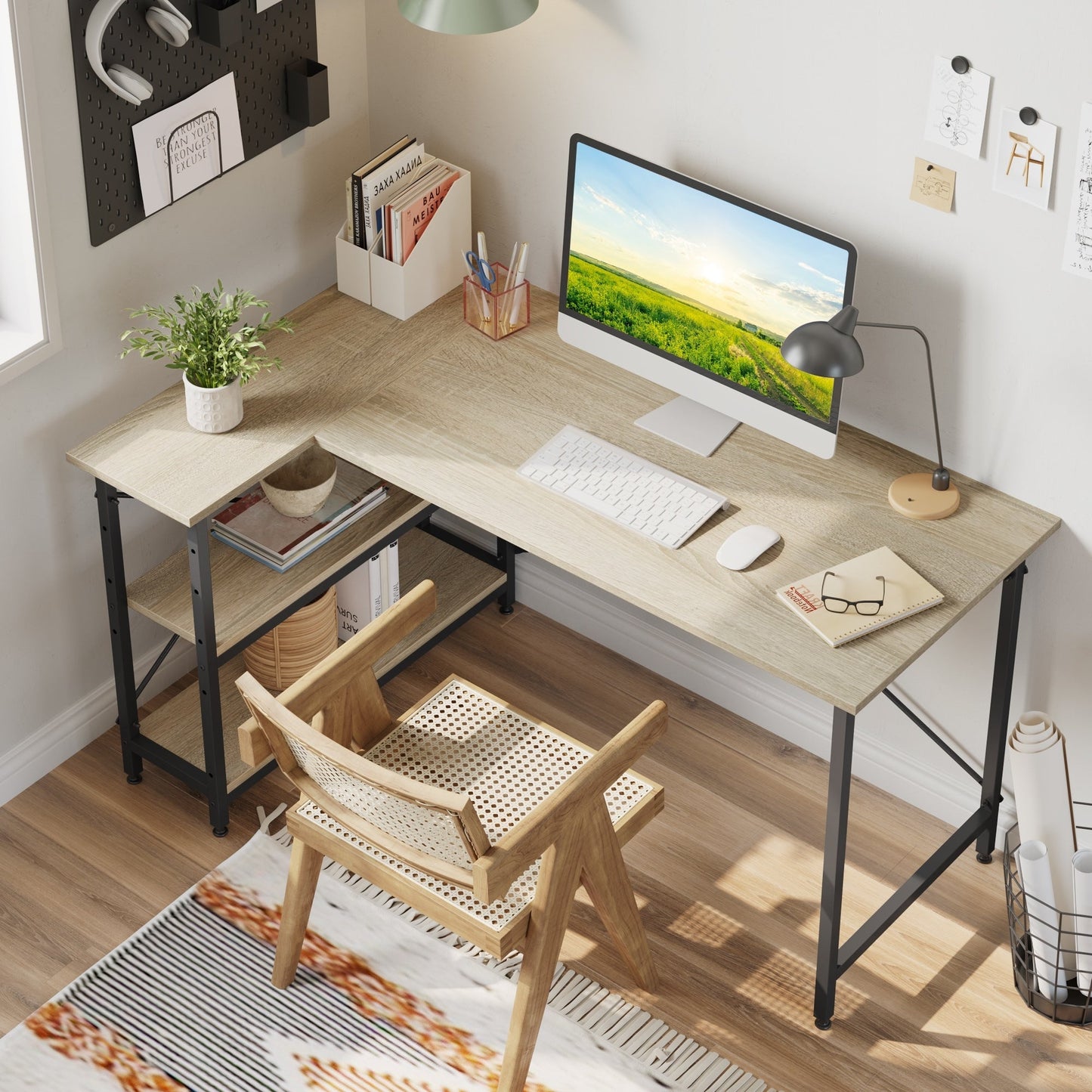 Bureau en forme de L avec étagères de rangement, bureau d'ordinateur d'angle.