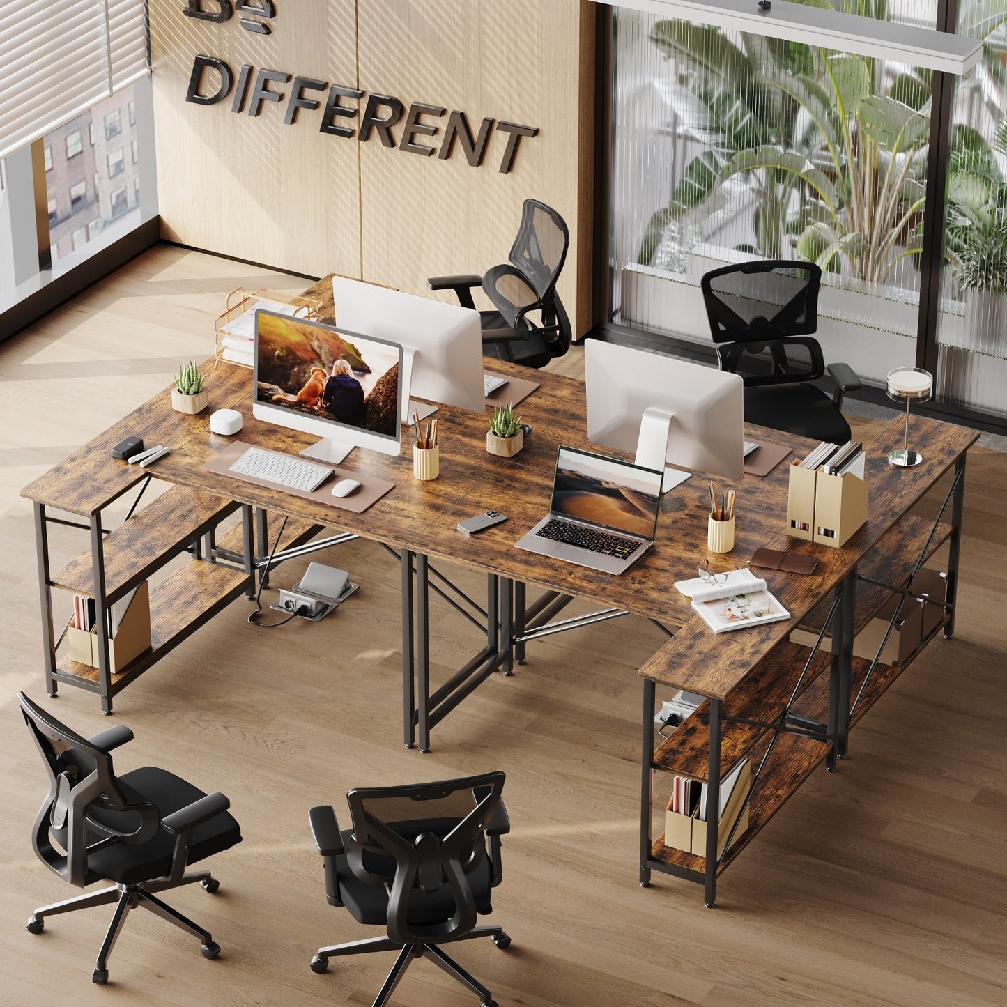 Bureau en forme de L avec étagères de rangement, bureau d'ordinateur d'angle.