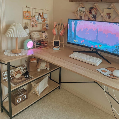 Bureau en forme de L avec étagères de rangement, bureau d'ordinateur d'angle.