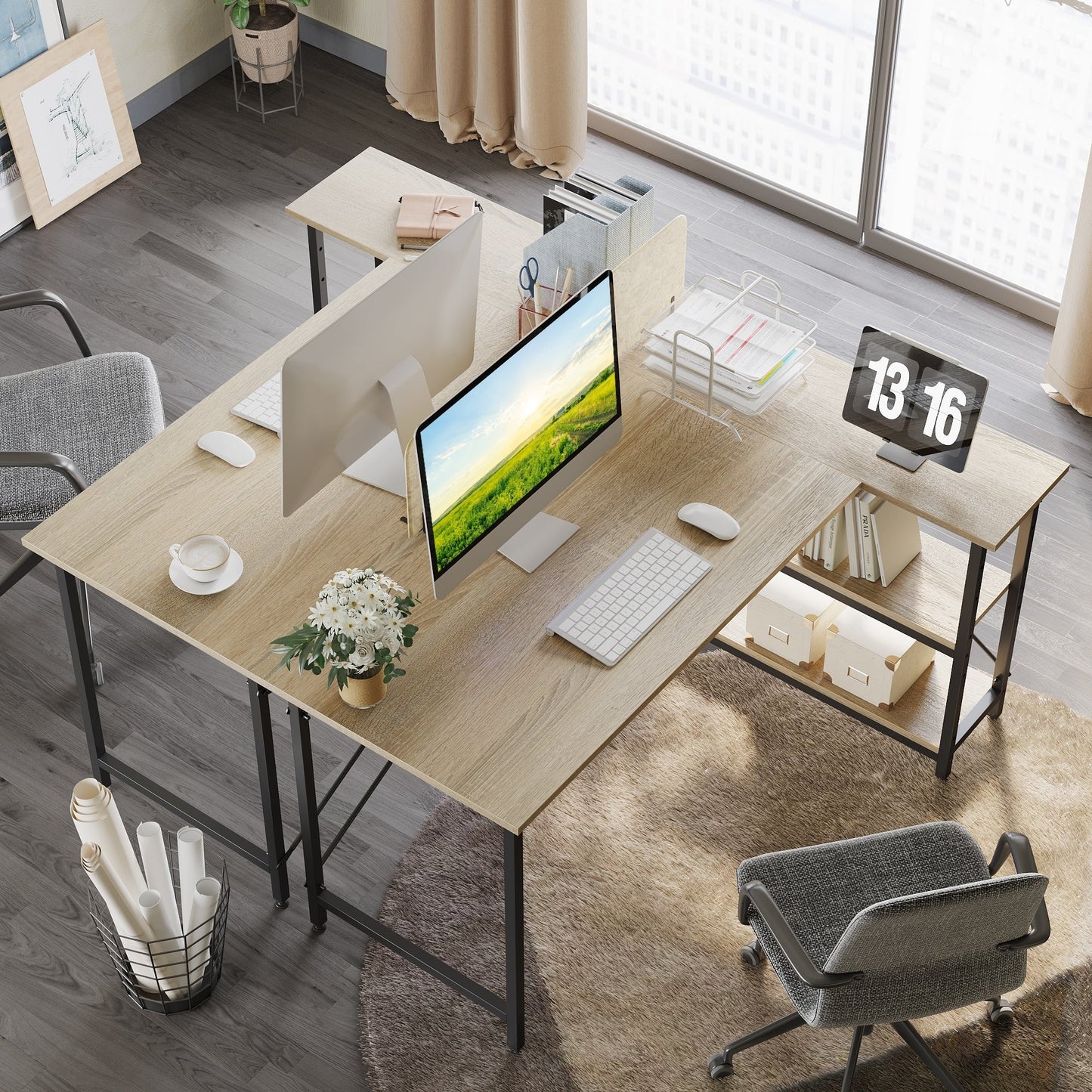 Bureau en forme de L avec étagères de rangement, bureau d'ordinateur d'angle.
