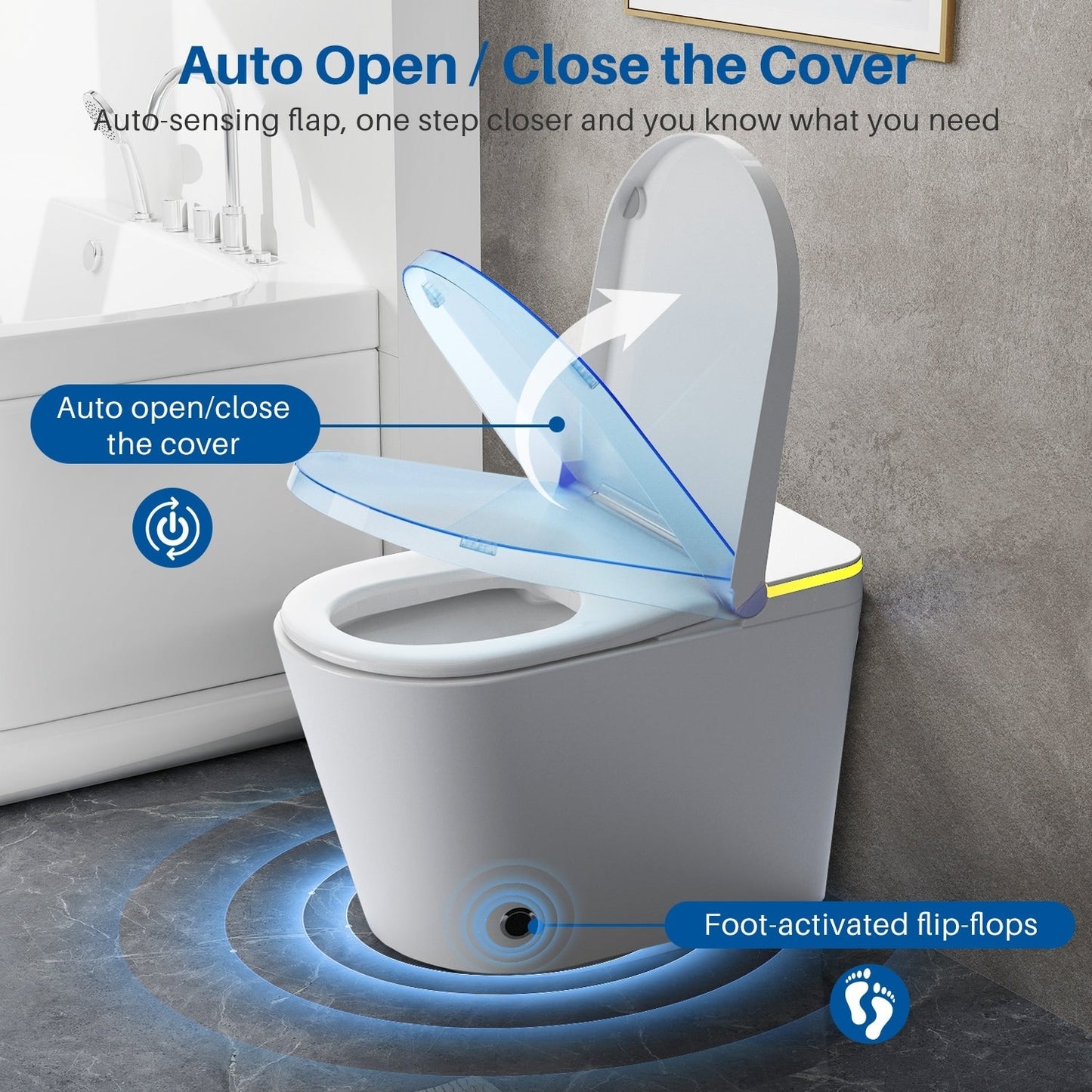 Toilettes intelligentes, toilettes-bidet monobloc pour salles de bain, toilettes modernes allongées avec eau chaude, double chasse d'eau automatique, fonctionnement par capteur de pied.