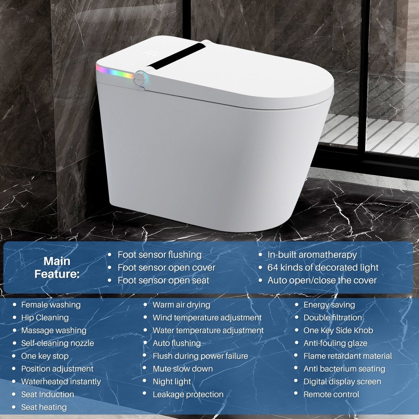 Toilettes intelligentes, toilettes-bidet monobloc pour salles de bain, toilettes modernes allongées avec eau chaude, double chasse d'eau automatique, fonctionnement par capteur de pied.