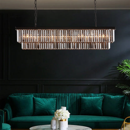 Luminaire suspendu à 2 niveaux pour îlot de cuisine, style moderne et contemporain, avec cristaux, gris fumé et noir, 47 po. Idéal pour salle à manger.