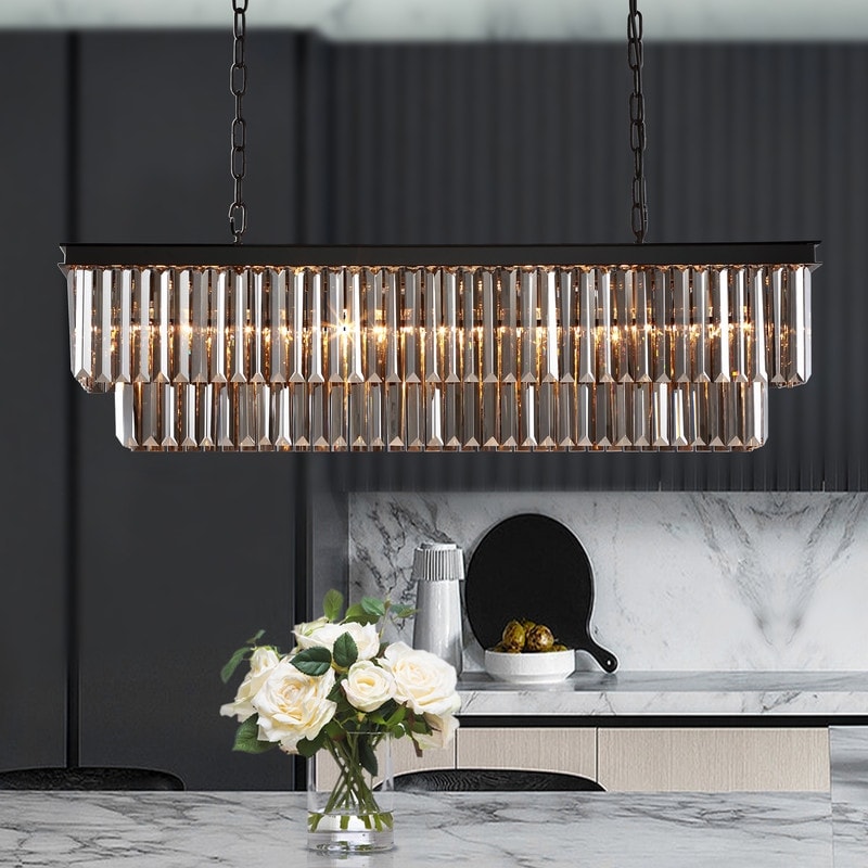 Luminaire suspendu à 2 niveaux pour îlot de cuisine, style moderne et contemporain, avec cristaux, gris fumé et noir, 47 po. Idéal pour salle à manger.