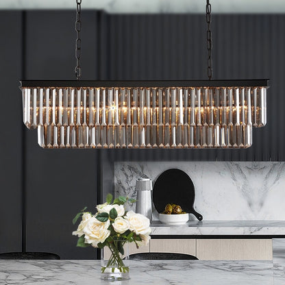 Luminaire suspendu à 2 niveaux pour îlot de cuisine, style moderne et contemporain, avec cristaux, gris fumé et noir, 47 po. Idéal pour salle à manger.
