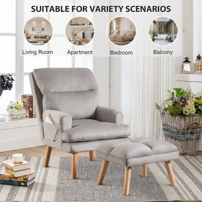 Fauteuil de salon confortable en tissu avec dossier et repose-pieds réglables.