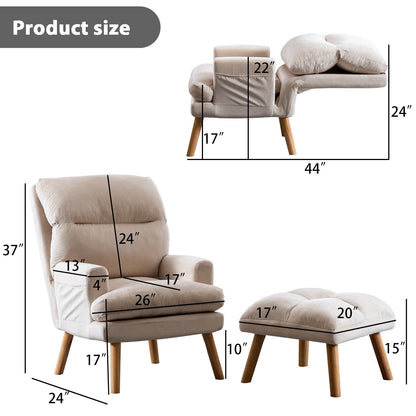 Fauteuil de salon confortable en tissu avec dossier et repose-pieds réglables.